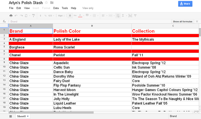 Screenshot of Arlyn's nail polish inventory spreadsheet