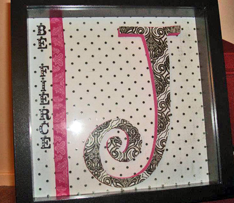 Shadow box, cut-out letter, scrapbook paper and bling